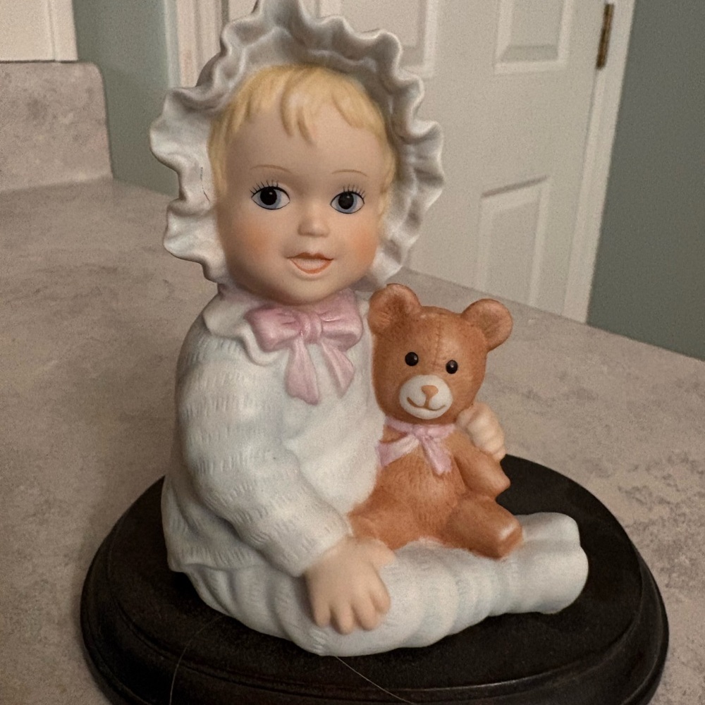 Homco Porcelain Baby with Pink Bow and Brown Teddy Bear